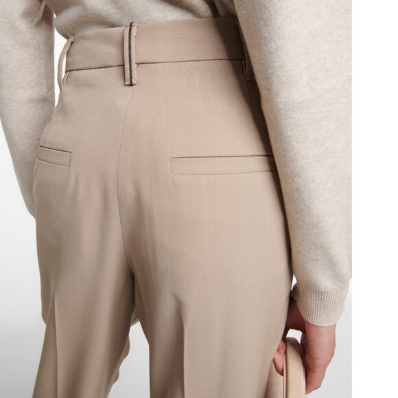 Brunello Cucinelli Beige Pants Monili Trim Belt Loop Virgin Wool Size 14 - Picture 1 of 10